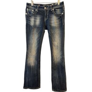 Y2K Miss Me Low-rise Bootcut Jeans sz 27 Bling embroidered Whiskering Distress
